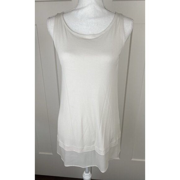 Eileen Fisher 100% Silk Georgette Crepe Bateau Neck Tank XXS Bone Ecru Sheer Hem - Picture 1 of 6